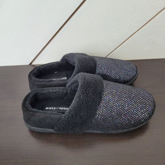 NEW Easy Spirit Womens Size 5-6 S Faux Fur Lined Slip-On Slippers Sparkle Black - Picture 1 of 8